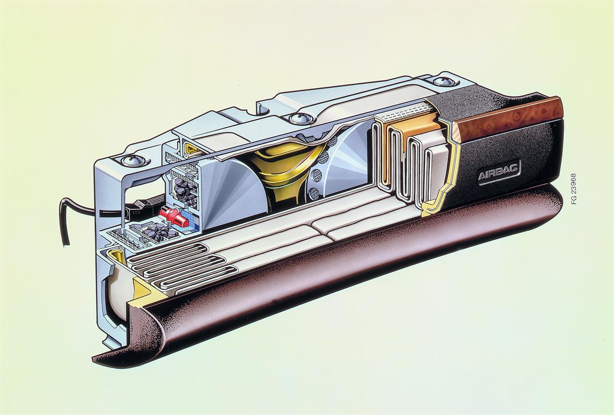 Schnittzeichnung des Beifahrer-Airbag-Moduls der Mercedes-Benz S-Klasse (Baureihe 126). 