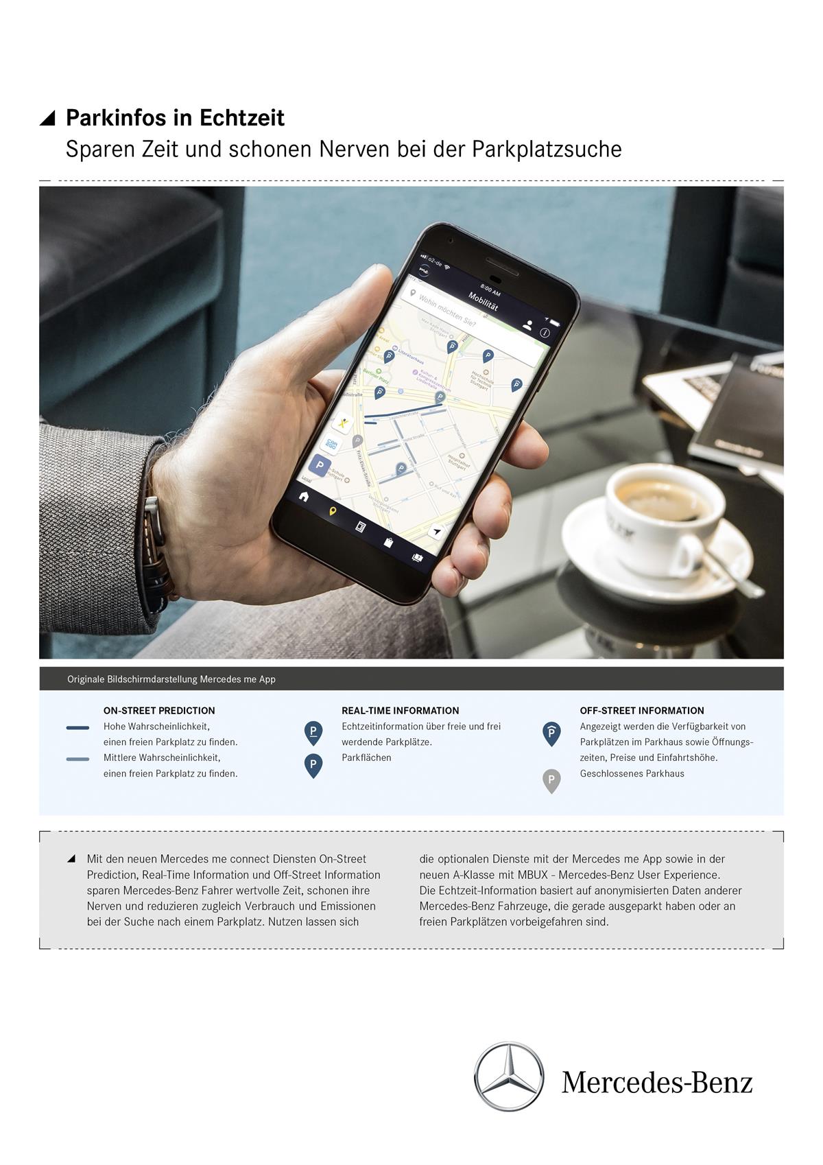 Die Mercedes me connect Dienste On-StreetPrediction, Real-Time Information und Off-Street Information