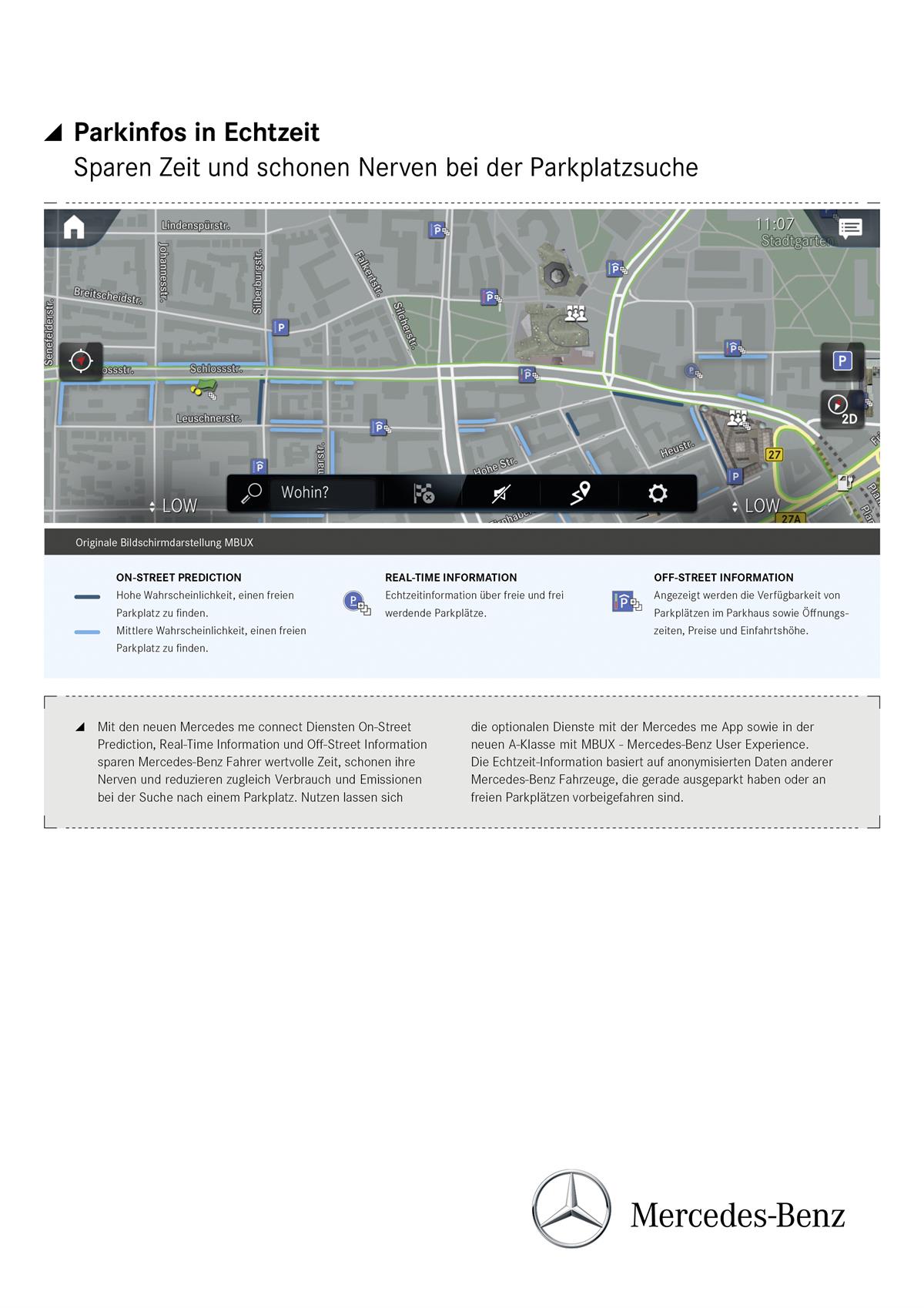 Die Mercedes me connect Dienste On-StreetPrediction, Real-Time Information und Off-Street Information