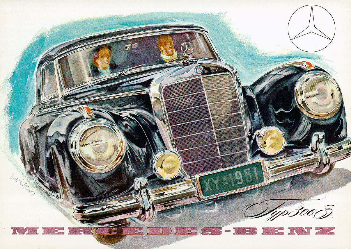 Mercedes-Benz 300 S Coupé (W 188), vorgestellt auf dem Pariser Autosalon 1951. Titelbild des Prospekts von 1951 mit einer Zeichnung von Hans Liska.